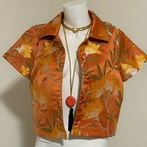 LuLus Floral Embroidered Orange Button-Up Women's Top/Short sleeve jacket